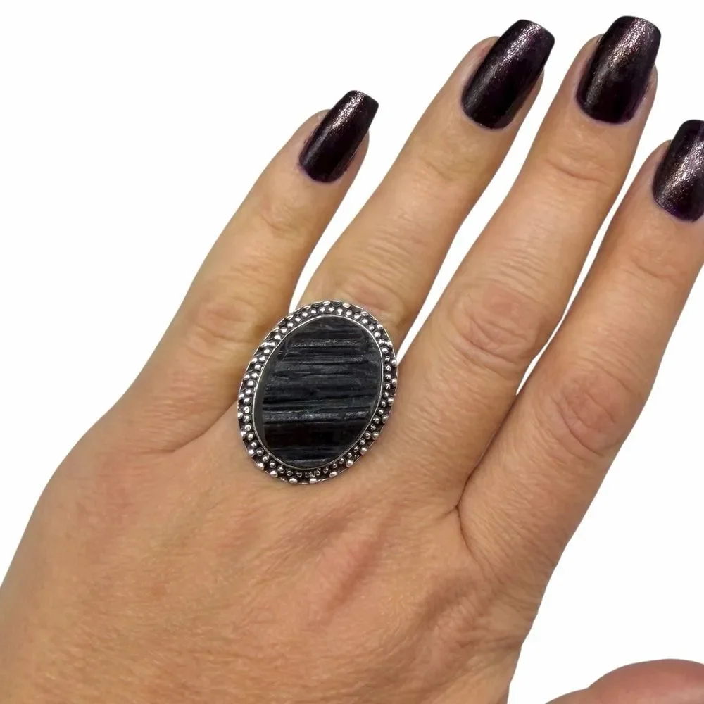 Black Tourmaline Ring Size 7.5 925 Sterling Silver Overlay Oval Raw Rough Stone